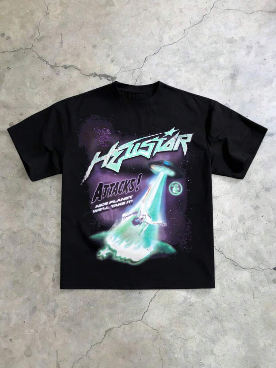 Hellstars UFO  Y2K Graphic T-Shirt,220g 100% Cotton,Round Neck Short Sleeve,Black Streetwear Essential For Summer Going Out,Unisex Style - màu đen - Xem 1