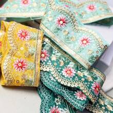 1 Rollo, 100CM Encaje bordado con lentejuelas - Amarillo vibrante, verde, blanco con patrones florales multicolor - Ideal para bandas de sombreros DIY, corbatas, decoración de cortinas y proyectos de costura, vendido por el rollo completo - amarillo - Ver 5