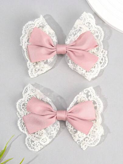 2pcs Set Cute Lace Bow Hair Clips, Pink Satin Bow Hair Clips, Elegant White Lace Edge Hair Clips, Adorable Retro Alligator Clips, Non-Slip Bangs Clips, Romantic Lolita Princess Style Hair Accessories, Suitable For Daily, Party, Wedding, Birthday, Photography
