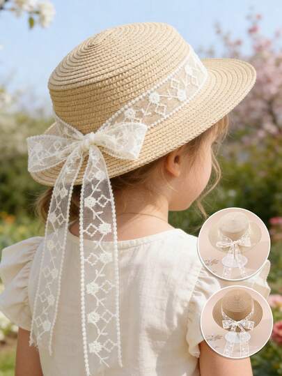 1pc Kids Straw Sun Hat With Lace Bow, Breathable Flat Top Bucket Hat Suitable For Girls, Summer Beach Vacation Outdoor Play
