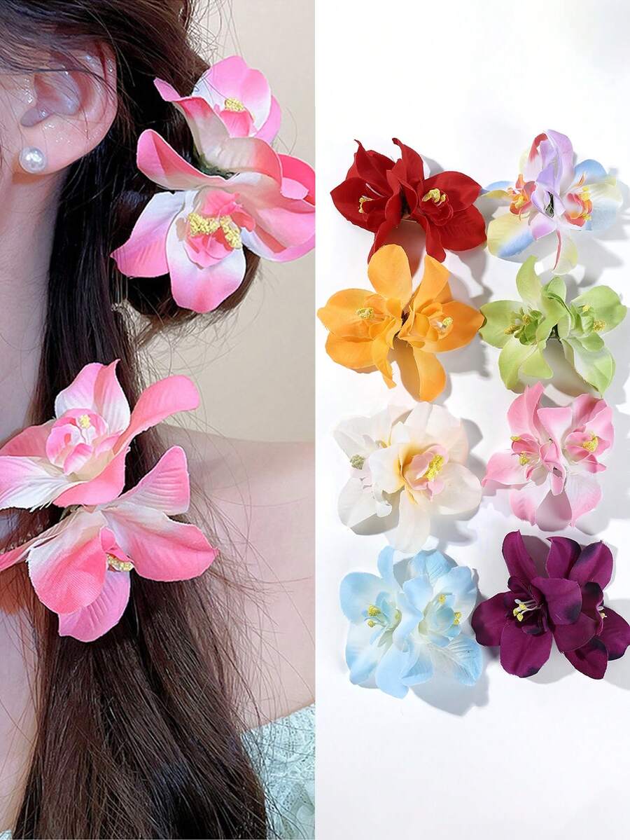 6pcs/Set Hawaiian Flower Hair Clips, Artificial Flower Hair Clips, Hibiscus Hair Clips, Lotus Hair Clips, Suitable For Festivals - 6 Random Colors - View 1