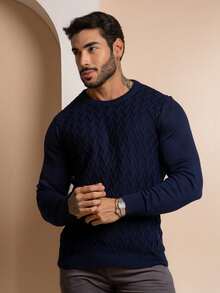 TRICOT DE LUXO Suéter Masculino tricot trama em relevo gola careca inverno 26 - Azul Marinho - Visão 3