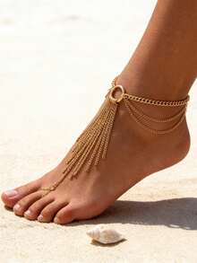 1pc Beach Vacation Style Metal Tassel Anklet, European And American Multi-Layer Connected Toe Chain, Versatile Personalized Connected Finger Foot Chain - Gold - View 2