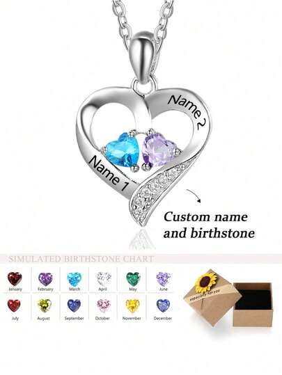 1pc Personalized Double Birthstone Necklace, Customizable Name, Heart Pendant Necklace, Mother's Day Gift, Women's Necklace, Delicate Minimalist Necklace, Gift For Mom