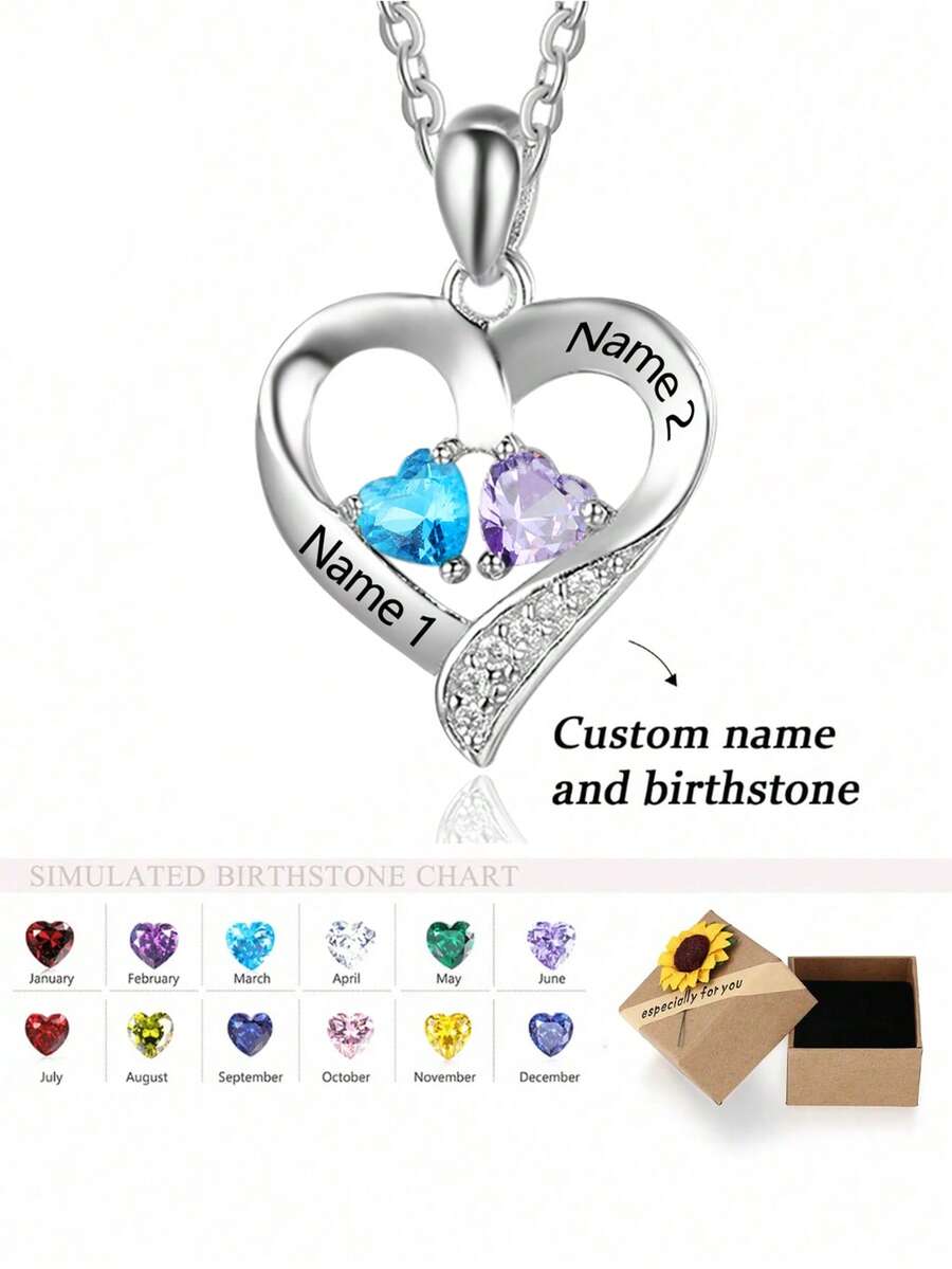 1 pieza Collar personalizado con doble piedra natal, nombre personalizable, collar con colgante de corazón, regalo del Día de la Madre, collar de mujer, collar minimalista delicado, regalo para mamá
