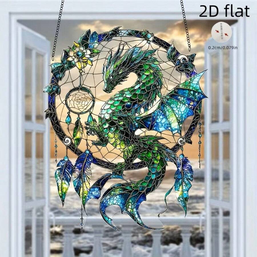 Atrapasueños de dragón impreso en 2D de acrílico, dispositivo decorativo que atrapa la luz para uso en el hogar, oficina y al aire libre. Regalo ideal para hermanos y el Día de la Madre, adecuado para colgar en ventanas de tragaluz - A - Ver 1