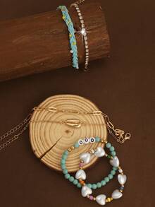 1 Set Summer Beach Style Starfish, Shell, Pearl Braided Adjustable Bracelet Set - 000 Bracelet Set - View 3