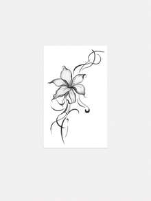 1pc Fashionable Waterproof Realistic Lily Flower Temporary Tattoo Sticker, Floral Vine Shoulder Back Tattoo Decal, Suitable For People,Spine Tattoo,Sketch Style - 黑色 - 查看 6