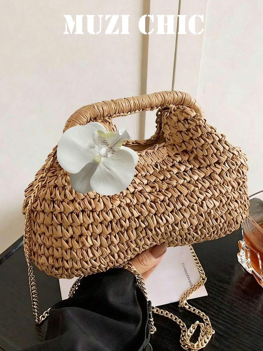 1pc Boho Khaki Crochet Mini Handbag, Cute Cloud-Shaped Bag With White Orchid Accent, Versatile Chain Crossbody Bag Perfect For Vacation & Party Outfits - Khaki - View 1