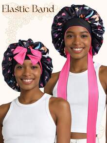 1pc Satin Butterfly Print Sleep Cap, Suitable For Wigs Straight/Curly Hair, Adjustable Pleated Double Layer Non-Slip Satin Sleep Cap, Hair Care - 60 Lace Hat - View 4