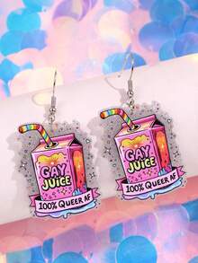 一对骄傲的月亮可爱时尚创意趣味银色闪光彩虹果汁亚克力耳环，适合日常通勤、节日和派对佩戴 - 彩色 - 查看 2