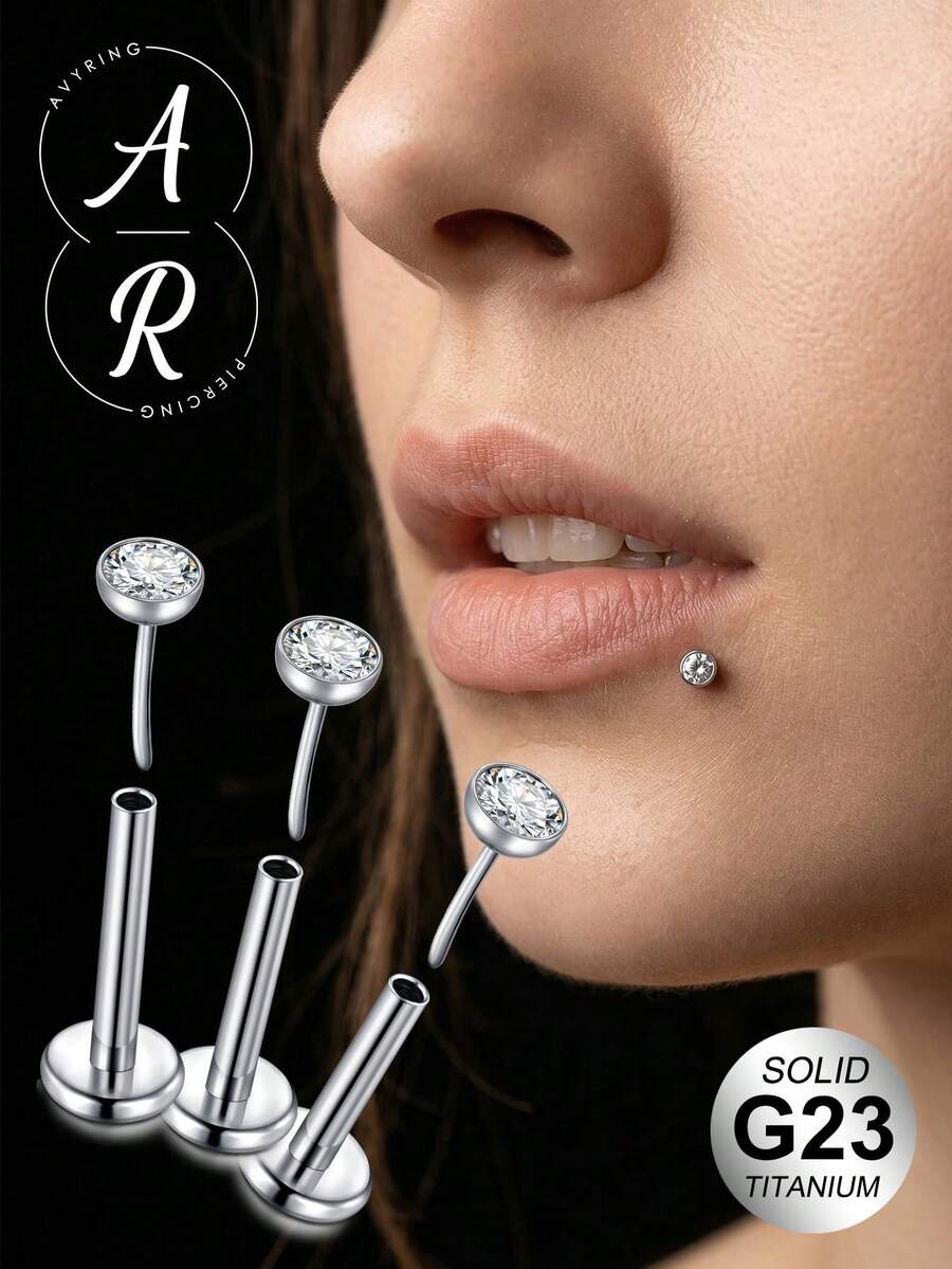 AVYRING G23钛合金唇钉，无螺纹推入式唇钉，鼻钉，耳廓钉，耳屏钉，耳骨钉，男女通用，20G、18G、16G，6mm、7mm、10mm杆，材质：Learth - 彩色 - 查看 1