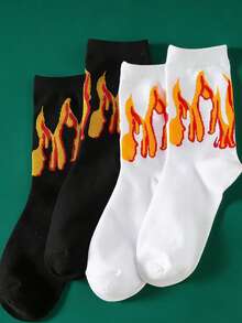 2 Pairs Men's Personalized Flame Patterned Mid-Calf Socks, Suitable For Daily Wear - Multicolor - View 7