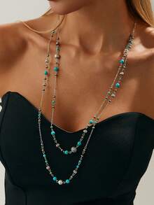 1件时尚复古INS星形流苏毛衣链，优雅仿珍珠多层长项链，女士款 - 彩色 - 查看 9