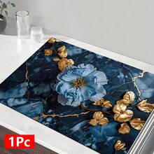 1pc Elegant Floral Blue Marble Pattern Absorbent Dish Drying Mat, Home Decor Coaster For Espresso Machine, Sink, Faucet, Bathroom, Kitchen Accessories - Multicolor - View 16