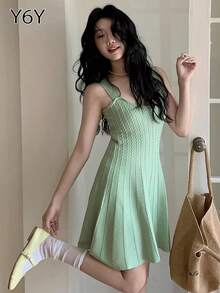 [Y6Y] Đầm slip dệt kim màu xanh bạc hà dành cho nữ, dây đeo rộng, cổ chữ U, hở lưng, vạt xòe, thích hợp mặc hàng ngày vào mùa hè. - màu xanh lá - Xem 10