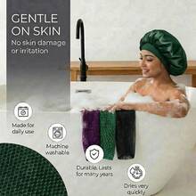 1/2 pièces Éponge de filet africain avec bonnet de douche, éponge de bain exfoliante, bonnet de douche en satin doux et brosse pour le corps, convient pour une utilisation quotidienne pour hommes et femmes, accessoires de salle de bain portables pour voyages, bonnet de douche en double couche de soie, cadeau SPA - vert - Voir 4