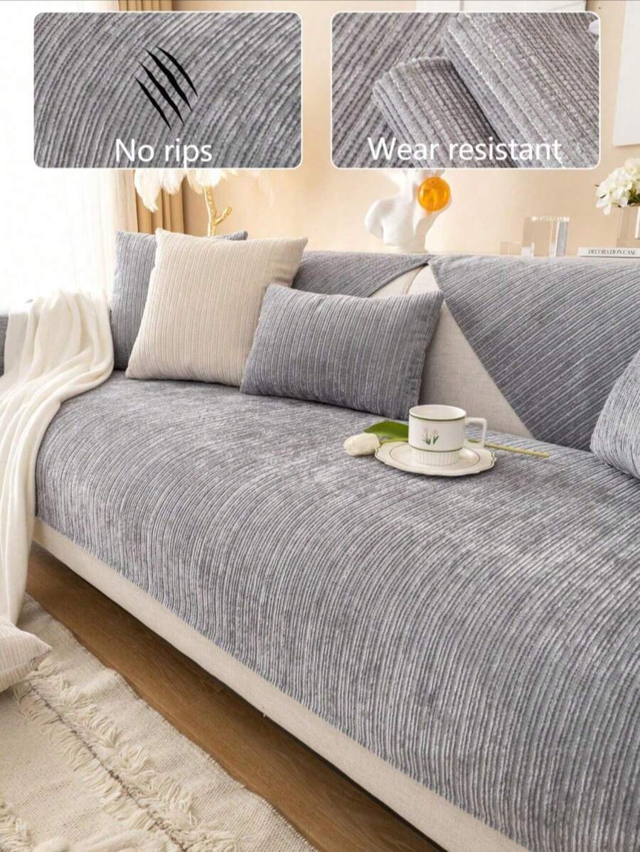 1 Pc Solid Color Chenille Sofa Slipcover, High Density Thickened Design For All Seasons, Sofa Protector Anti-Slip Anti-Scratch For Living Room Bedroom Home Office, Fits 1 2 3 4 Seater Sofas - Grey - View 1
