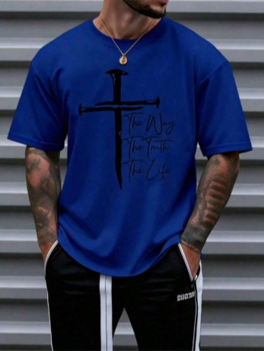 Men's Christian Faith Graphic T-Shirt - The Way The Truth The Life Cross Design, % Cotton Breathable Regular Short Sleeve T-Shirt, Suitable For Spring Summer Casual And Outdoor Wear, Religious Theme Clothing, Casual Wear Bold Graphic T-Shirt Comfortable Style, Christian T-Shirt - Unisex Plus Size Top - 寶藍色 - 查看 1