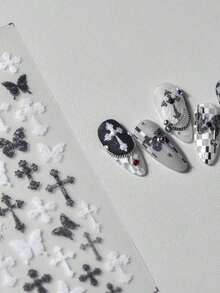 1pc 5D Metal Nail Stickers, Retro Nail Stickers, Leopard Print Nail Stickers, Self-Adhesive Nail Art Stickers, Nail Decoration Sticker Accessories Nails Nail Supplies - 黑與白 - 查看 6