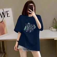 ¡Top de gran  2026!Camiseta de manga corta 100% algodón para mujer, nuevo estilo de verano 2026, corte holgado, estampada, de media manga, de alta gama, estilizadora, top de gran . - Azul marino [100% algodón] - Ver 1