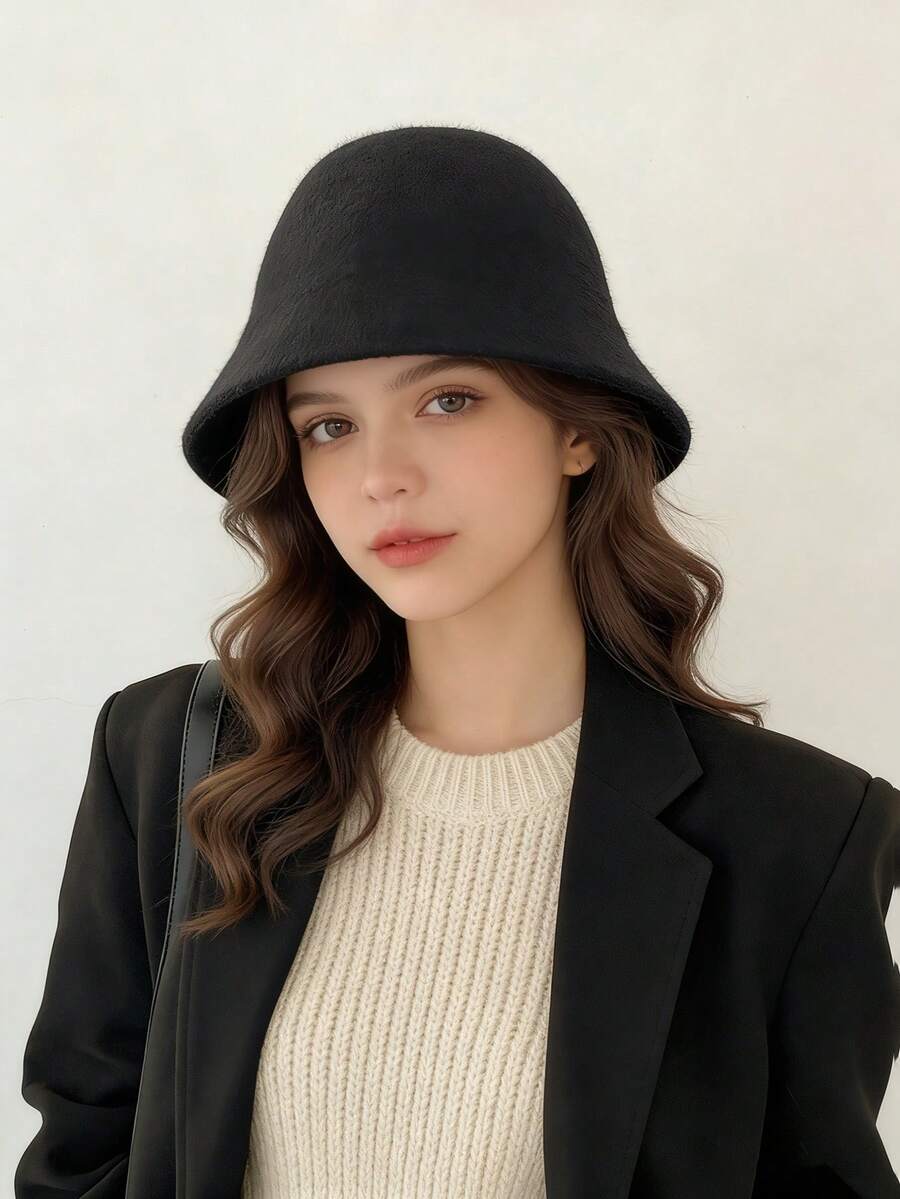 女士韩版百搭秋冬渔夫帽，-框架式渔夫帽，羊毛针织拉法帽 - 黑色 - 查看 1