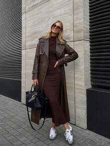 Dam vår-/höstjacka i PU, trendig lätt vindjacka med justerbart midjebälte - mångsidig pendlarjacka - Kaffebrun - Visa 10