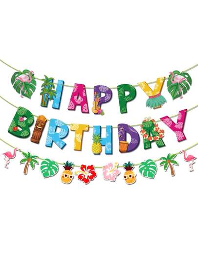 3sets Hawaiian Happy Birthday Banner, Birthday Party Decorations, Flamingo Pineapple Cactus Happy Birthday Banner Balloons Cupcake Toppers Hawaiian Tropical Beach Theme Party Supplies