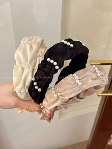 1pc Elegant Satin Headband, Pleated Faux Pearl Design, Wide Luxury Headpiece, Hair Accessory, 2026 New Arrival - Multicolor - View 1