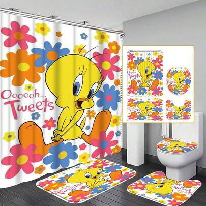 Cute Cartoon Bathroom Decor Set, Bird & Floral Art Print Durable Shower Curtain With Hooks, Fits Standard Bathtub, Ideal Gift For Fans, Kids, Graduation And Housewarming