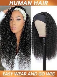 Kinky Curly Headband Wig Human Hair Glueless Brazilian Wigs Upgrade 3 IN 1 Half Wig With Drawstring Seamless Clip Ins Flip Over Remy Full Machine Made Headband Wig For Women - Natural Black - View 4