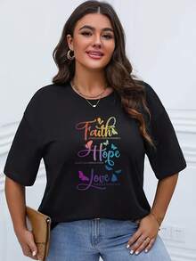 Camiseta de manga corta para mujer, talla grande, cuello redondo casual con estampado de Fe, Esperanza y Amor, tejido de punto de poliéster, ligeramente elástica, top ligero de verano, moderna y cómoda - Negra - Negro - Ver 5