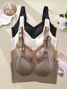 4PCS EssElegance Push-Up Seamless Bra Set - Adjustable Straps & Wire-Free Support For Daily Wear, Ultra-Soft Breathable Fabric Fall Clothes For Women - 彩色 - 查看 1