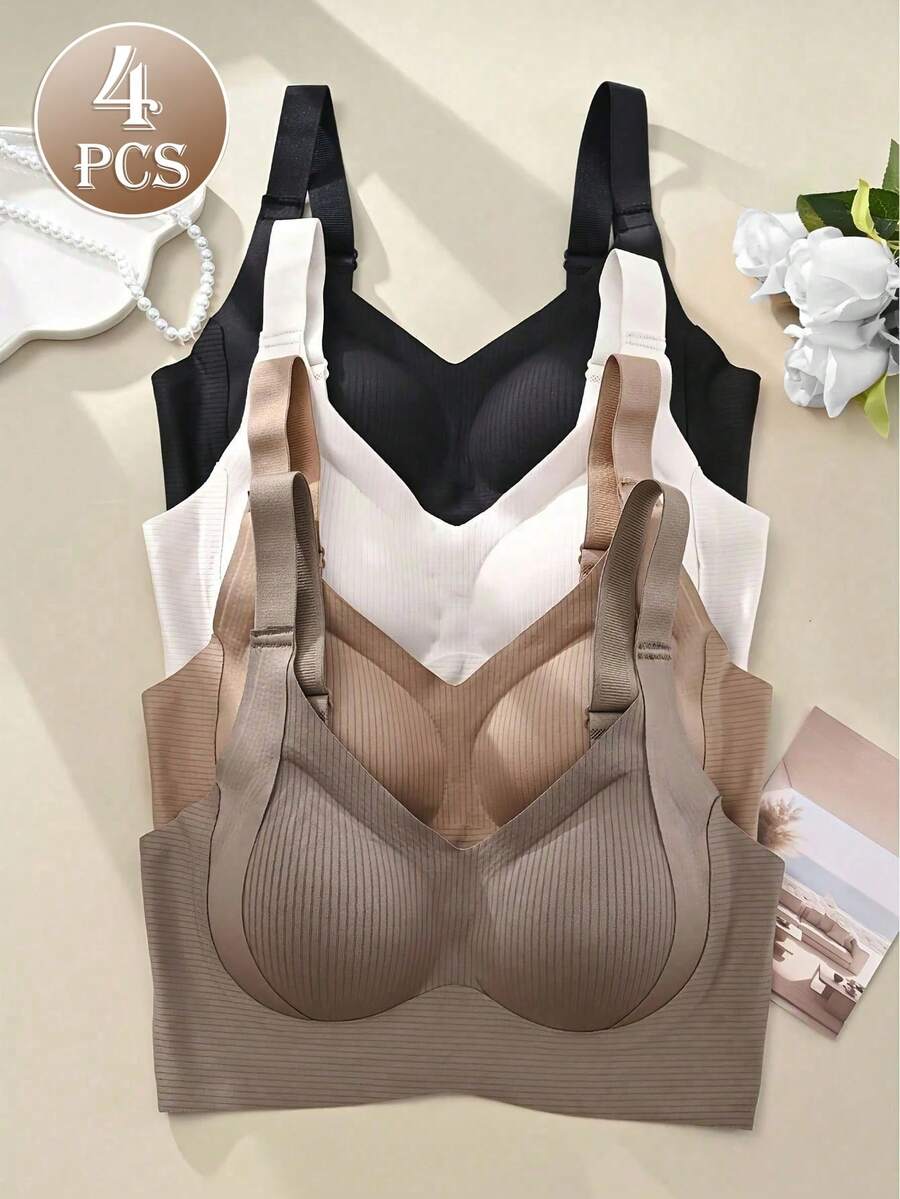 4PCS EssElegance Push-Up Seamless Bra Set - Adjustable Straps & Wire-Free Support For Daily Wear, Ultra-Soft Breathable Fabric Fall Clothes For Women - 彩色 - 查看 1