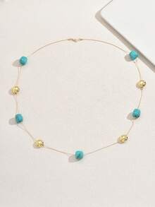 1pc Minimalist Vacation Style Square Turquoise & Golden Bead Interval Beaded Long Necklace, Suitable For Women Summer Beach Holiday & Date - Multicolor - View 5
