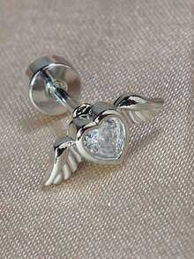 1pc 18K Gold Plated Stainless Steel Angel Wing Flat Stud Earrings, Suitable For Cartilage, Helix, Tragus, Earlobes And Other Pierced Areas, Inlaid With CZ Heart Crystal, Non-Allergic, Anti-Oxidation, Suitable For Sensitive Ears, 20G - A Round Angel Wing Earring - View 8