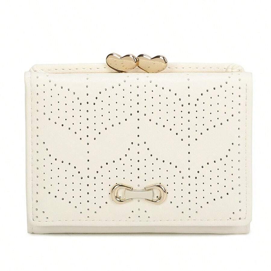 2026 New Women's Wallet, Minimalist Fresh Tri-Fold Wallet, Card Holder, Hollow Leaf Design Short Purse, PU Leather - White - View 1