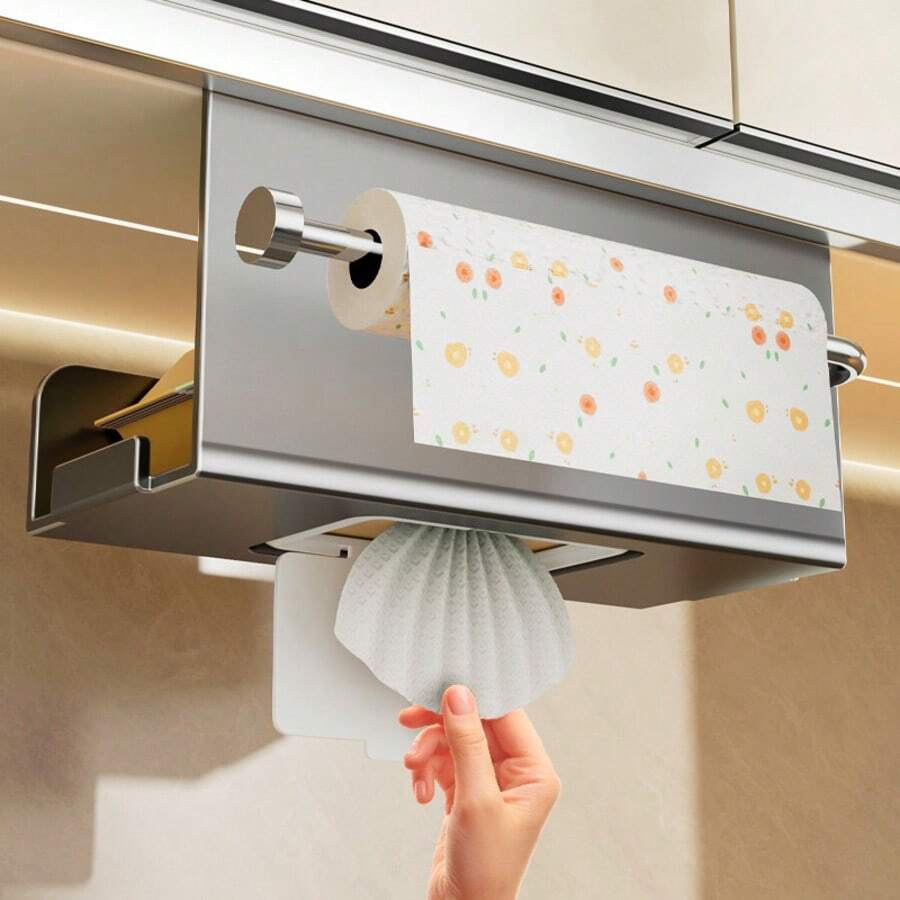 Suction Cup Wall-Mounted Paper Towel Holder, Waterproof, Rust-Proof, Space-Saving Kitchen Accessory - Silver - View 1