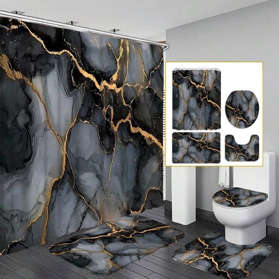 Open -1pc/4pcs Marble Pattern Shower Curtain Set, Shower Curtain Or Toilet Mat Bathroom Mat 4pcs Set, Bathroom Supplies Waterproof Shower Curtain Set With 12 Shower Curtain Hooks, Gift For Family And Friends