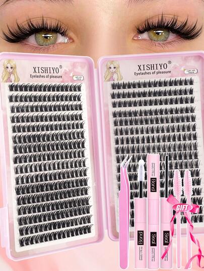 512件套睫毛嫁接套装，DIY睫毛嫁接套装，单根睫毛簇套装，D型卷翘睫毛嫁接套装，包含胶水、封层剂和睫毛嫁接工具，适合日常使用、派对、旅行或作为礼物送给家人和朋友，睫毛簇，睫毛胶水