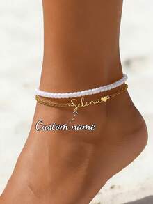 Tobillera personalizada con nombre para mujer, tobillera con colgante con placa de nombre, regalo para ella, joyería de acero inoxidable - Tobillera multicapa estilo 2 - Ver 6