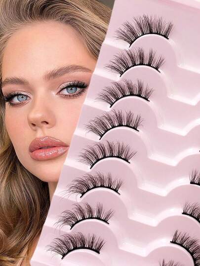 ENCHUW 8对自然半截假睫毛，蓬松轻盈，卷翘猫眼造型，仿貂毛假睫毛，日常佩戴