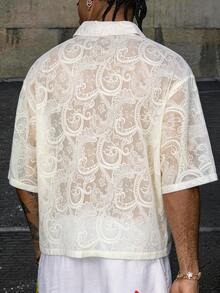 男士蕾丝提花透视短袖衬衫，宽松版型，轻盈透气，适合海滩、派对等场合，可作为送给男友/儿子的礼物 - 杏色 - 查看 4