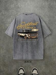 Vintage T Shirts Men, Plus Size The Heartbeat Of America Chevrolet Pickup Graphic, 230g Washed Cotton Crew Neck Short Sleeve T-Shirt, Distressed, Streetwear Loose, Big And Tall, Summer, Free Shipping - 深灰色 - 查看 5