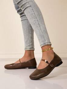 Women's Square Toe Mary Jane Beaded Button Decor Flat Shoes, Soft Bottom Slip-On Comfortable One-Strap Breathable Shoes - Brown - View 6