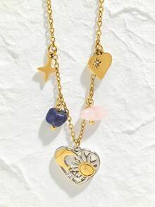 1pc 18K Gold Plated Women's Stainless Steel Necklace, Ins Style Sun, Star, Moon Design With Colorful Stones, Bohemian, Pendant Necklace, Delicate Gift, Elegant Necklace, Gold Necklace - Multicolor - View 1