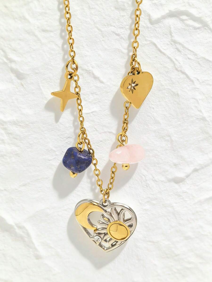 1pc 18K Gold Plated Women's Stainless Steel Necklace, Ins Style Sun, Star, Moon Design With Colorful Stones, Bohemian, Pendant Necklace, Delicate Gift, Elegant Necklace, Gold Necklace - Multicolor - View 1