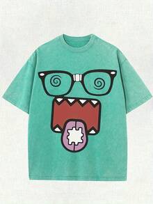 Epic Funny Dizzy Monster Print Washed Cotton T-Shirt, 220g Vintage Streetwear Loose Short Sleeve Tee, Aesthetic Casual Summer Top - 礦物綠 - 查看 7