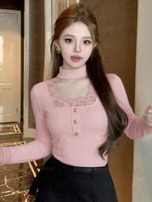 Camiseta de manga larga de encaje negro elegante francesa, camiseta interior de alta gama para mujer, rosa primaveral - Rosa - Ver 6