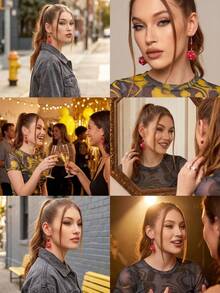 Y2K 时尚骰子耳环，通勤和日常佩戴皆宜 - 紅色 - 查看 4